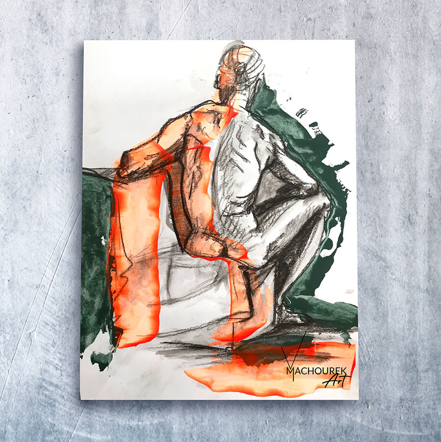 Naked Neon 188-2020, Mixed Media Art auf Papier, 29,7x42cm